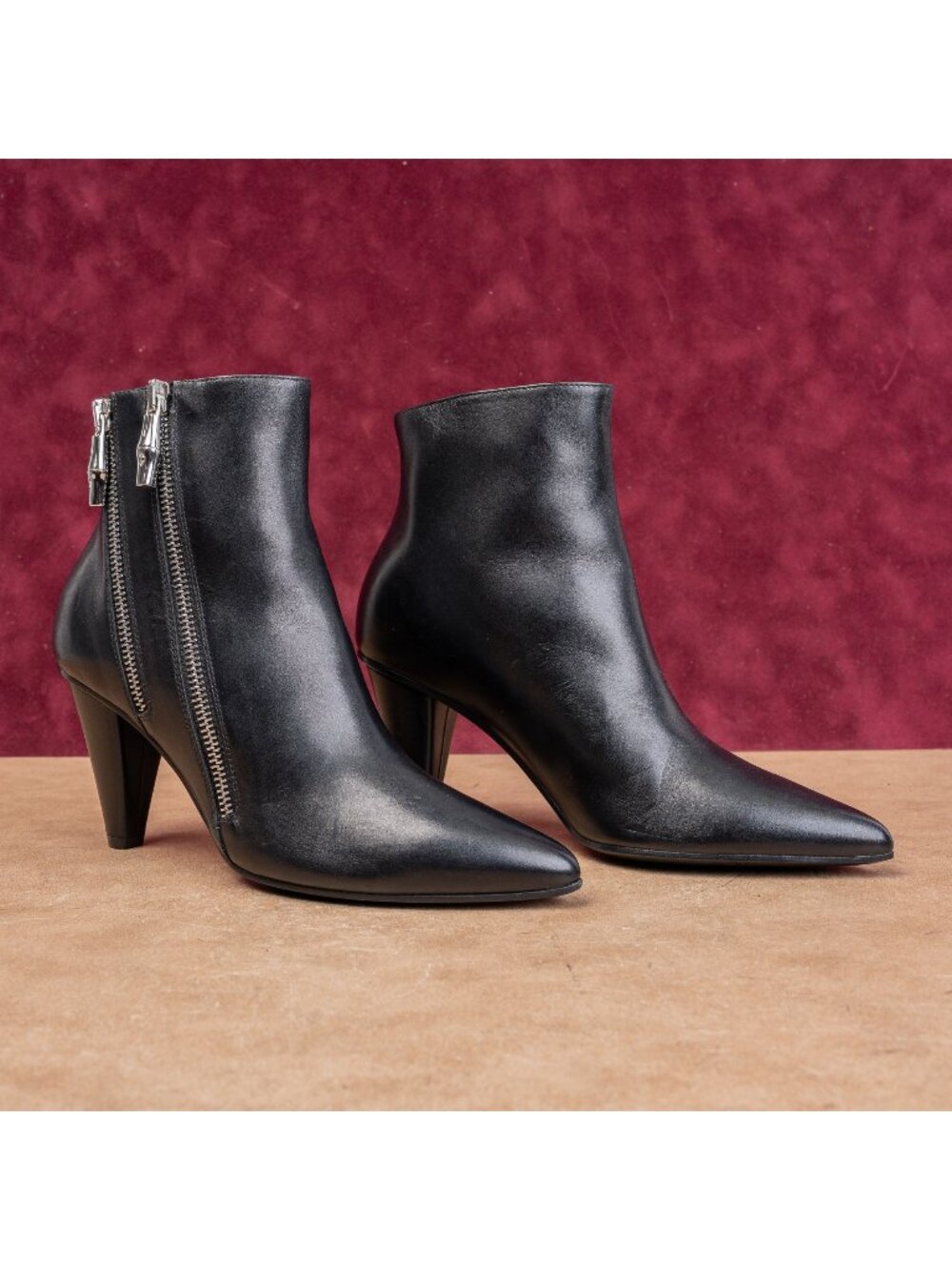 Longchamp Wmn Fashion Double Zip Pointy Black Leather Party Boots 5US EUR36